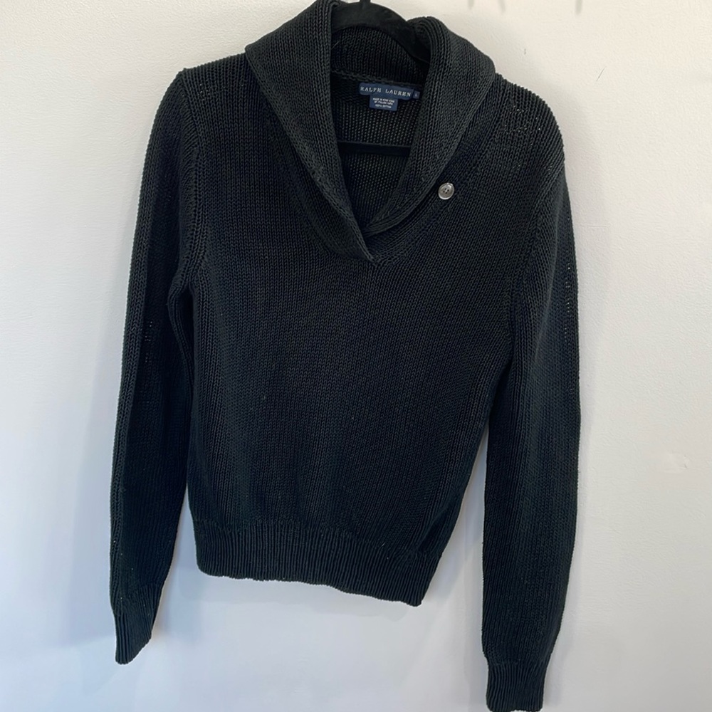 Men’s Ralph Lauren chunky grandpa cozy shawl collar preppy black sweater Large